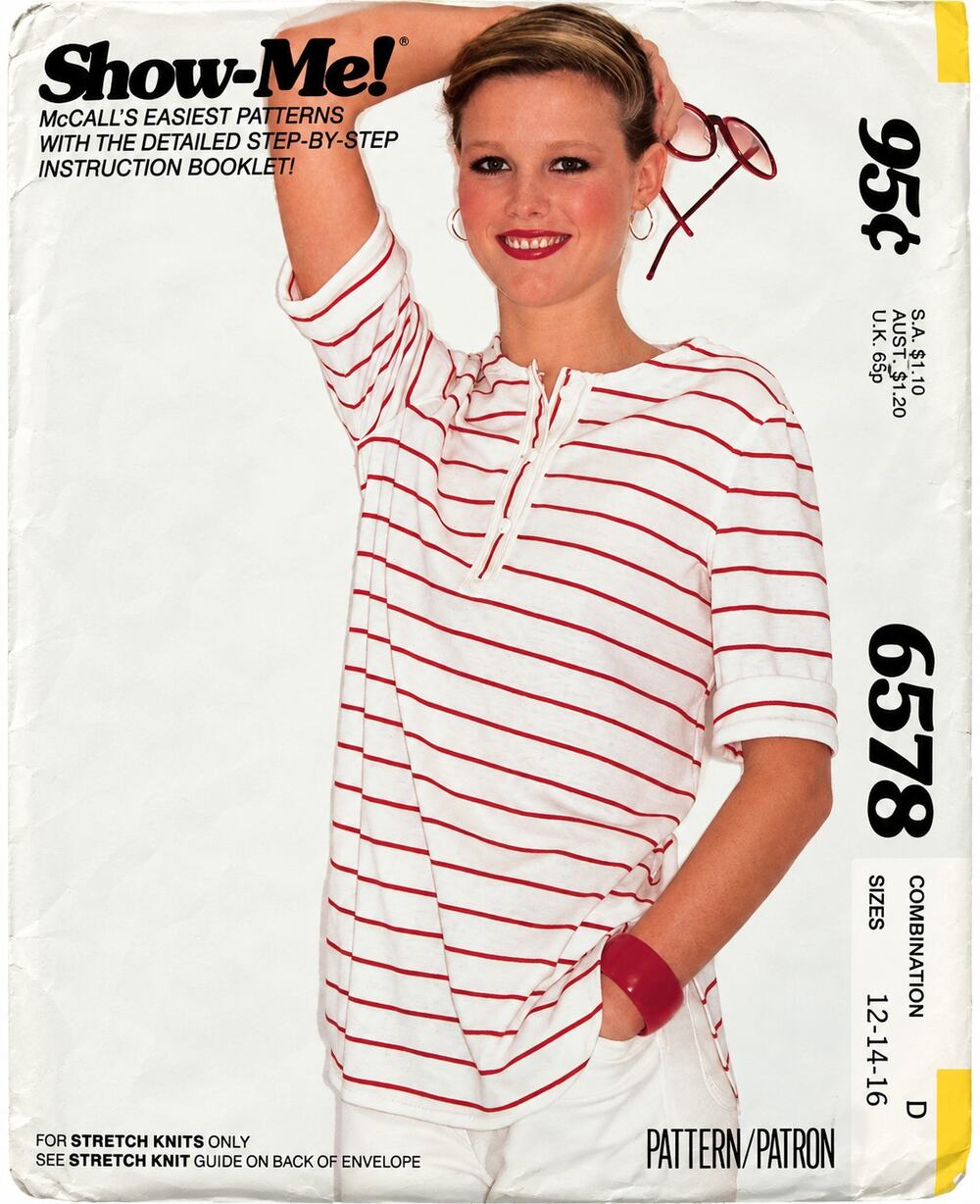 6578 Vintage McCalls SEWING Pattern 1980s Pullover Knit T Shirt Henley 12-14-16